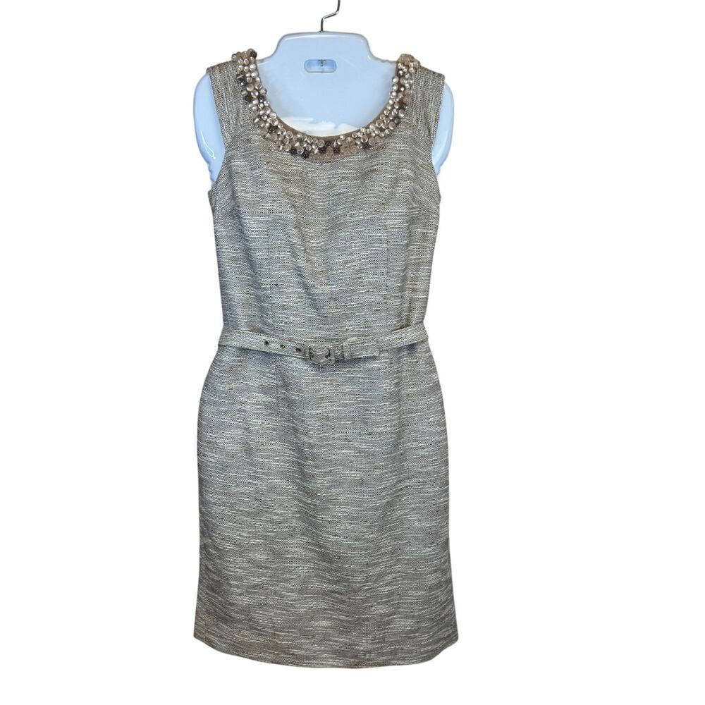 ETCETERA Beige Gold Sleeveless Tweed Sheath Dress Beaded Collar Belted Women's 2